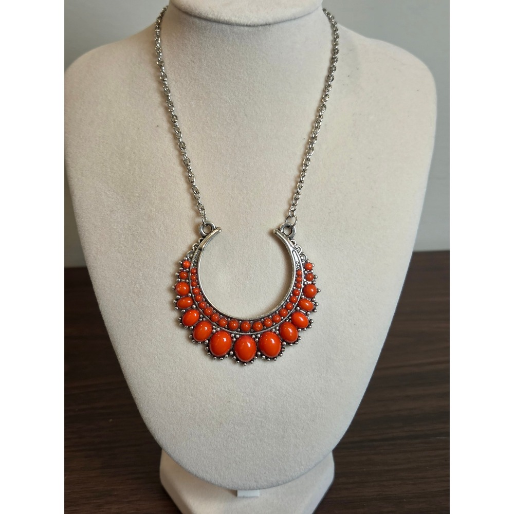 Orange Cabochon Crescent Horseshoe Bib Necklace Silver Tone Boho Southwestern
